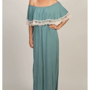 Off shoulder crochet trim maxi dress, PinkBlush, green, size Large